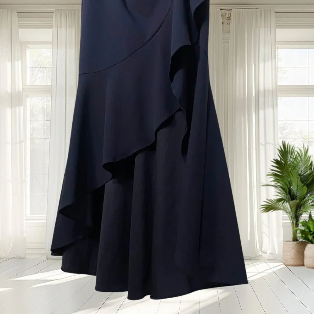 Betsy & Adam Navy Blue Ruffle High-Low Gown Size 14 NWT | Elegant Formal Dress - Picture 5 of 15